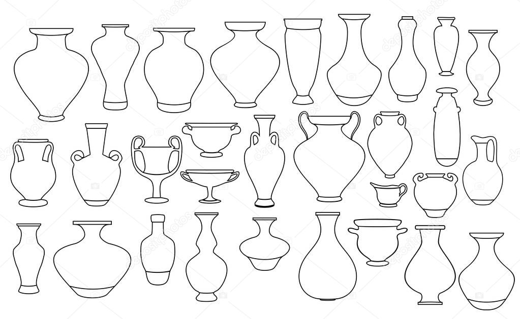 Outline vases and amphora collection. Vase pottery, ancient pot greek illustration