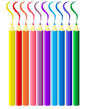 Sanat aletleri. Renkli kalemler. Vektör çizimi. Boya kalemleri - Renkli kalem seti gevşek düzenlenmiş