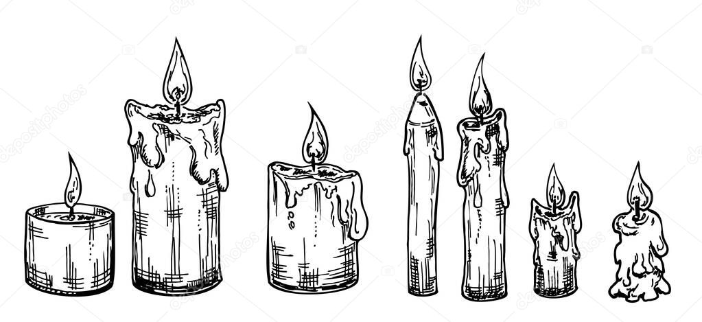 Hand drawn set of burning candles sketch style.