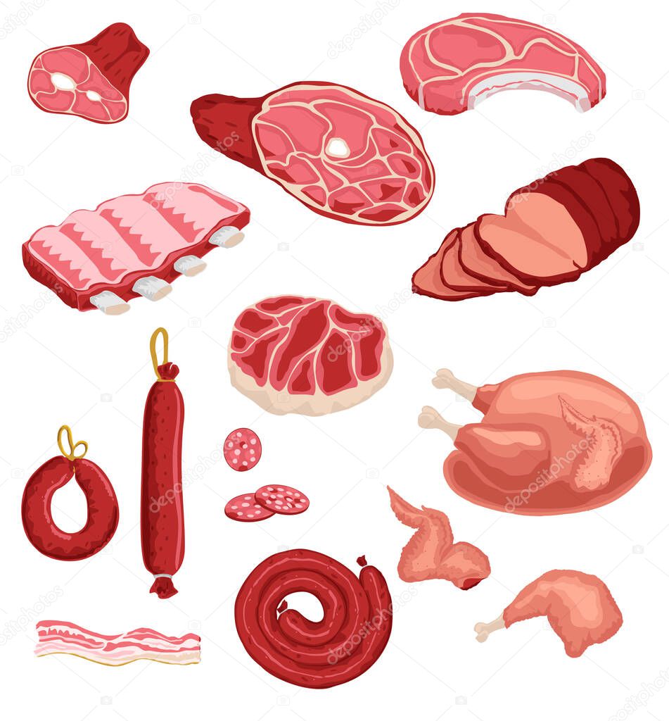 Fresh meat and sausage, salami and chicken, raw sliced pork tenderloin and cooked ham for barbeque meal and gourmet shopping. Cartoon meat set.