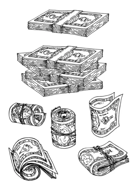 Dolarové bankovky balíky peněz kreslit ikony. Vektorové izolované sady papírových peněz nebo bankovek cash pack vázané pro bankovnictví nebo finance a směnárenský design. sada. — Stockový vektor