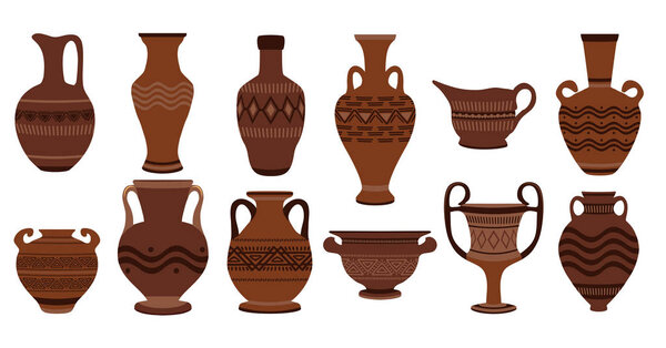 Greek clay pots. Illustration of clay roman traditional vase. Ancient vase set ancient urn, amphora, jar and jug isolated on white background.