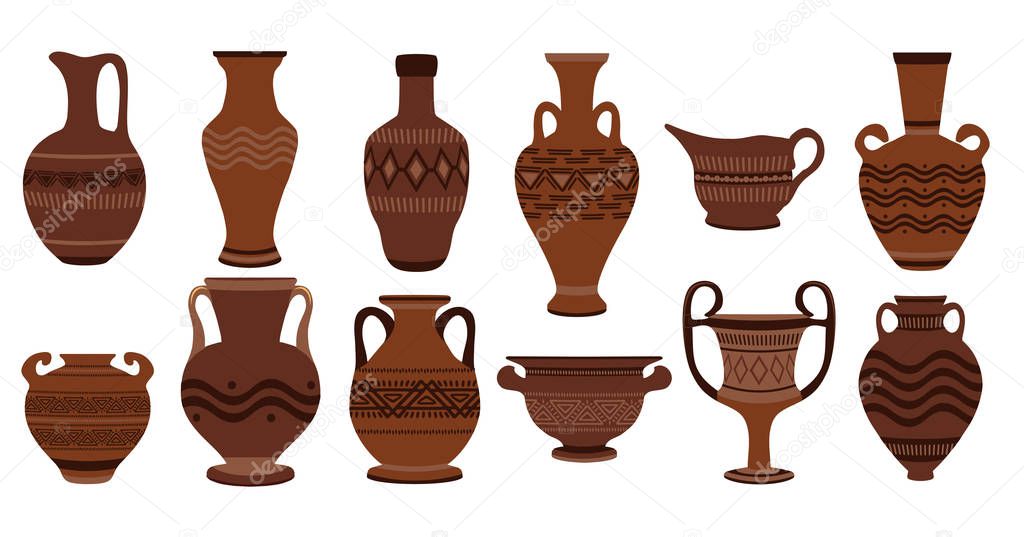 Greek clay pots. Illustration of clay roman traditional vase. Ancient vase set ancient urn, amphora, jar and jug isolated on white background.