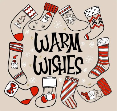 Yılbaşı çoraplarının bir çeşitinin vektör çizimi. Noel çorapları seti. Çeşitli Noel çorapları.