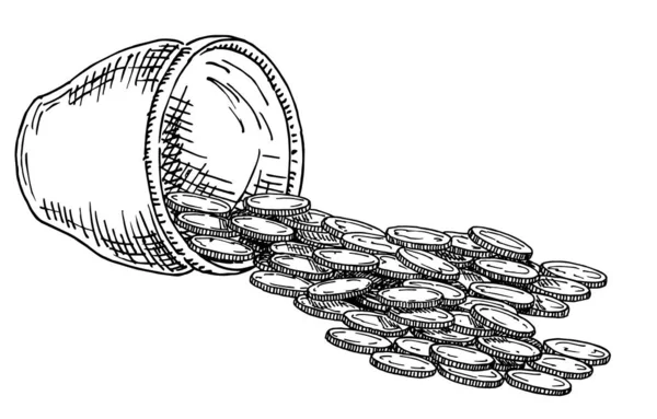 Pot en fonte dessiné à la main plein de pièces d'or. Saint-Patricks. Pot en céramique avec pièces d'or. Isolé sur l'illustration vectorielle blanche — Image vectorielle