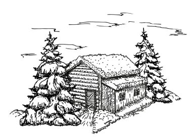 Kış Ormanı skecindeki ev. Noel arkaplanı, kar manzaralı ev