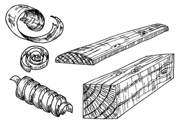 Bosquejo de madera. Troncos de madera, virutas, tablones. Conjunto dibujado a mano de materiales de construcción forestal — Vector de stock