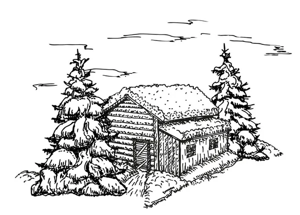 Casa nel bozzetto foresta invernale. Sfondo natalizio, casa nel paesaggio della neve — Vettoriale Stock