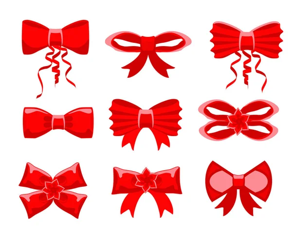 Arco vermelho posto. Cartoon vetor fitas vermelhas arcos de cetim para presentes xmas, cartões de presente e pacote de envoltório de luxo — Vetor de Stock