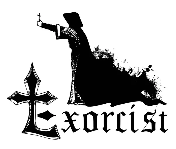 Exorcist. Gotische letters en het beeld van een priester die kwade geesten uitdrijft. Hogepriester met heilige kruis schets — Stockvector