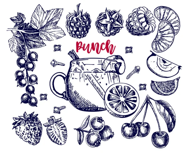 Vektorová ilustrace s horkým nápojem. Ovocný a bobulový punč. Nakreslit izolované objekty na bílém pozadí. Zimní horký nápoj, ovoce a bobule. — Stockový vektor