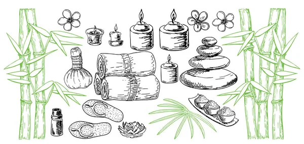 Wellness-Elemente skizzieren. Vorlagen-Vektorkarte. Zubehör für Wellness-Behandlungen. Reihe von Vektorelementen, die von Hand gezeichnet wurden. Natursteine, Blumen, Kerzen. — Stockvektor