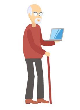 Laptoplu yaşlı bir adam. Vektör düz stil çizimi. İnternetteki yaşlı adam. Vektör illüstrasyon düz stil. İş Yaşlıları konsepti. Erkek karakter dizüstü bilgisayar kullan.