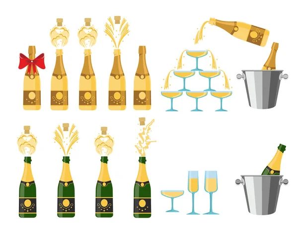 Champagnes éléments de fête. Bouteille de champagne explosion et verres avec vin mousseux isolé sur fond blanc — Image vectorielle