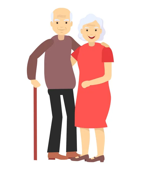 Älteres Paar lächelt. alte Frau und alter Mann umarmen sich innig. Freude über das Rentenalter von Opa und Oma. — Stockvektor