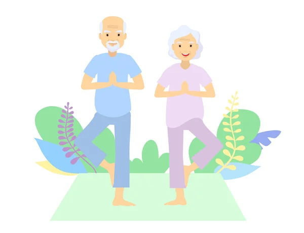 Senior people and gymnastics. Elderly couple. Grandparents doing exercises. Sport. Morning exercises. Elderly couple practicing yoga outdoor location. — Stock Vector