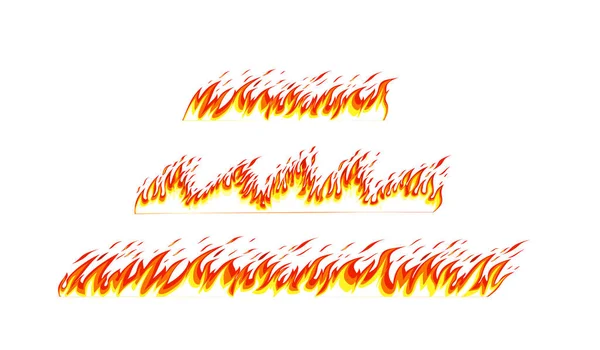 Elementos del borde de la bandera de la llama de dibujos animados, límites de quemadura de naranja, línea ardiente. El fuego bordea el blanco. Imágenes vectoriales aisladas . — Vector de stock