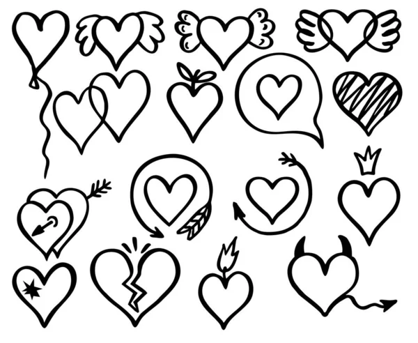 Handgezeichnete bemalte Herzen gesetzt. herzförmige lineare und kritzelnde Zeichen, Vektor-Kritzeleien Liebessymbole auf weißem, Grunge stilisiertem Dekor — Stockvektor