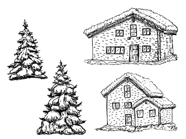 Case e alberi di Natale innevati. Progettista di paesaggi. Elementi del paesaggio invernale. Case e abeti innevati. schizzo — Vettoriale Stock