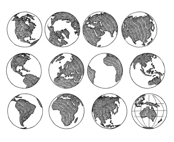 Ručně tažená planeta Země s kontinenty a oceány. Vektorová ilustrace vektorové mapy. Skica Globe. Mapa planety a světa s oceánem a pevninou. — Stockový vektor