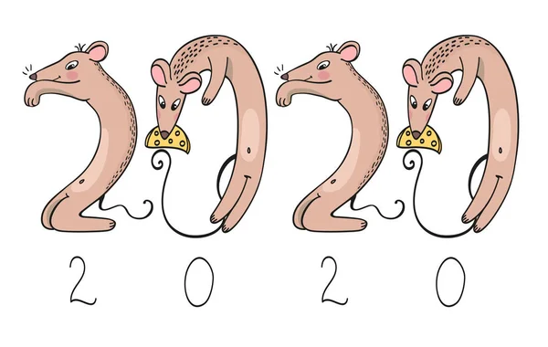 Grappige muizen, symbool van 2020. Banner voor uw ontwerp. Gelukkig Nieuwjaar, 2020, Chinese nieuwjaarsgroeten. Ratten in de vorm van de inscriptie 2020 — Stockvector