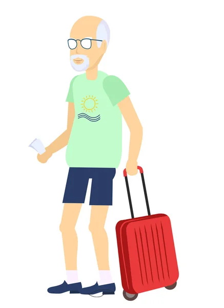 Viejo viajar vacaciones de verano con maleta. Hombre mayor, anciano con maleta, ilustración de dibujos animados aislada sobre fondo blanco. Retrato completo del viajero senior con equipaje, maleta — Vector de stock