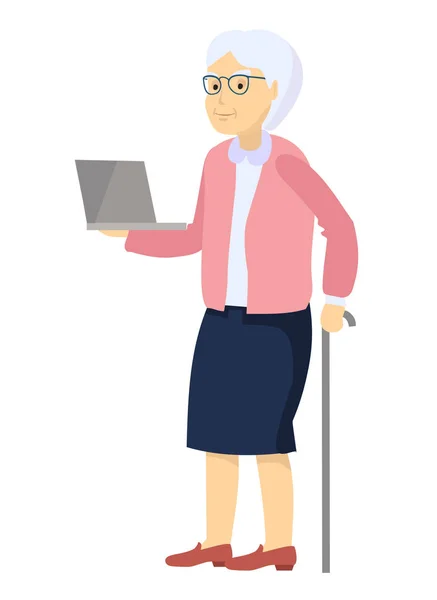 Starší žena s laptopem. Vektorová ilustrace plochý styl. Babička na internetu. Zdravý a aktivní životní styl starší ženy. Žena charakter použití notebook. — Stockový vektor