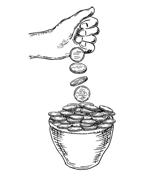 Pote cheio de moedas de ouro esboço. Uma mão está derramando moedas de ouro em um pote . — Vetor de Stock