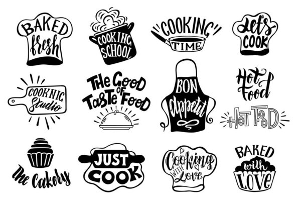 Collection of lettering written with cursive font and decorated with cookware, kitchen utensils isolated on white background. Bundle of cooking classes or school logos. Vector illustration.