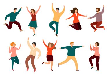 Mutlu insanlar. Bir grup genç erkek ve kadın çizgi film karakteri, beyazlara izole edilmiş bir şekilde zıplıyor ve gülümsüyor. Çeşitli günlük kıyafetlerle gülümseyen insanlar, atlama sevinciyle.