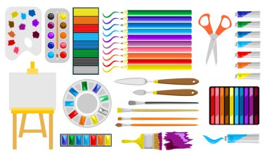 Ressam sanat aletleri. Sanat malzemeleri sehpası, tuval, boya tüpleri, fırçalar ve malzemeler.