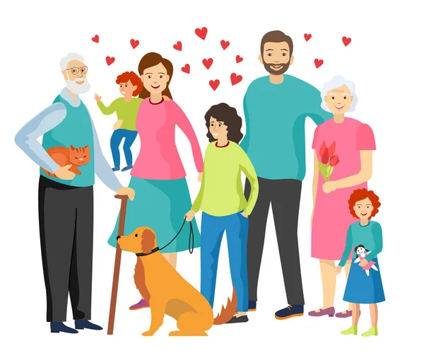Family happiness. Happy family together. Elderly, mom, dad, children characters. Family with pets vector illustration — 스톡 벡터