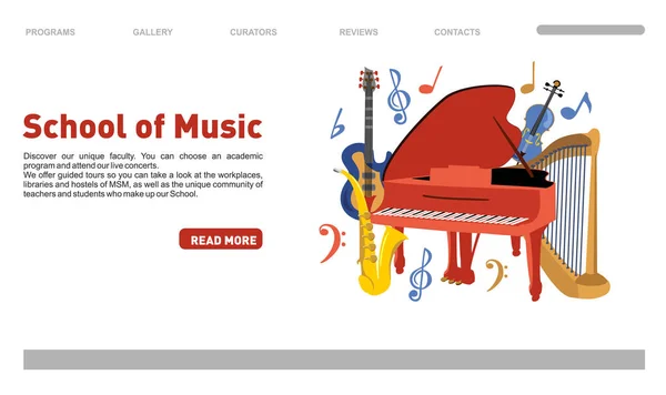 Sitio web de la escuela musical Landing page. Plantilla de banner web de educación musical vectorial. Ilustración de violonchelo de saxofón para piano. Saxofón y piano, violín, arpa, instrumento de música — Archivo Imágenes Vectoriales