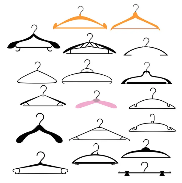 Clothes hangers set. Coat and dress hanger set isolated on white background. Colorful wood metal empty fashion clothing hooks. — 스톡 벡터