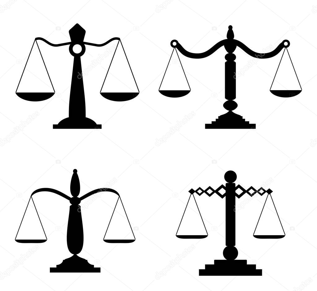 Equilibrium scales. Trading or law scales icons. Vector lawyers scales, compare symbols, balance and balancing signs isolated on white background. Court concept vector illustration