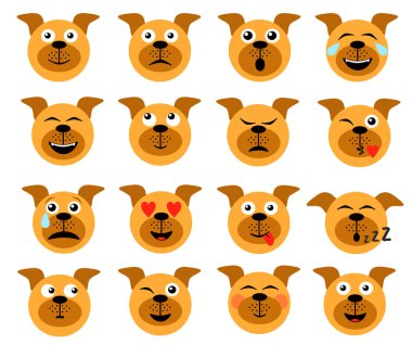 Köpek simgesi. Hayvan emoticonları. Köpek yüzü simgeleri, beyaz renkli komik arkadaş çizgi film paketi, vektör illüstrasyonu.