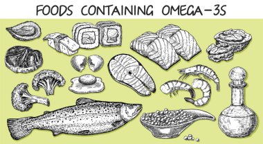 Omega-3 içeren yiyecekler. Sağlıklı bir yaşam tarzı. Dengeli diyet. Sağlıklı kalp ve kardiyovasküler sistem. Sağlıklı beslenmenin temelleri. Hafif bir arka planda yemek. Balık, havyar, brokoli, tereyağı, fındık.