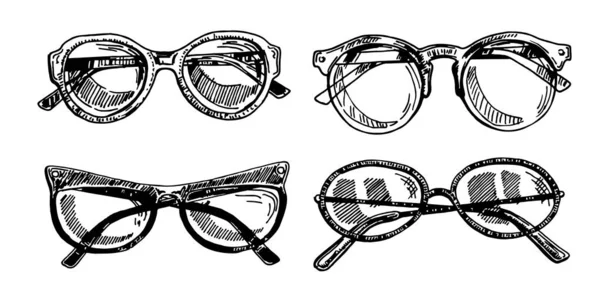 Esboço de óculos. Molduras de óculos de sol de moda, óculos negros. Calças oculares Hipster. Óculos de mulher. Conjunto de vetores — Vetor de Stock