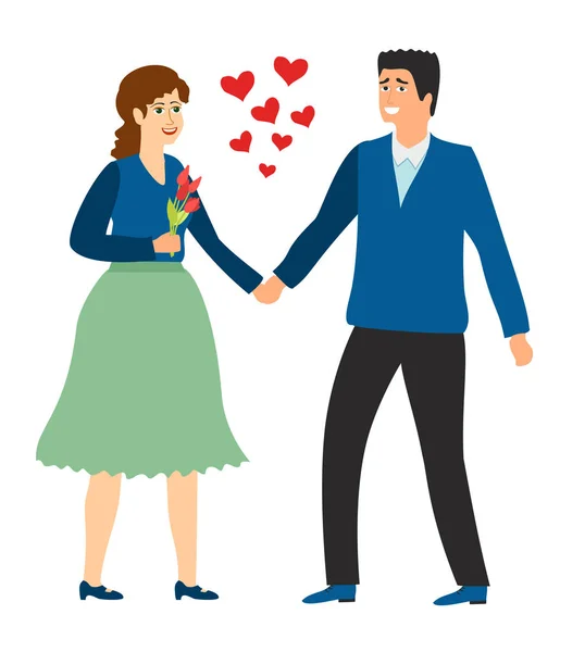 Cute couple in love. Girl and guy hold hands. Valentines Day, love and friendship vector illustration. Lovers walk — Stock Vector