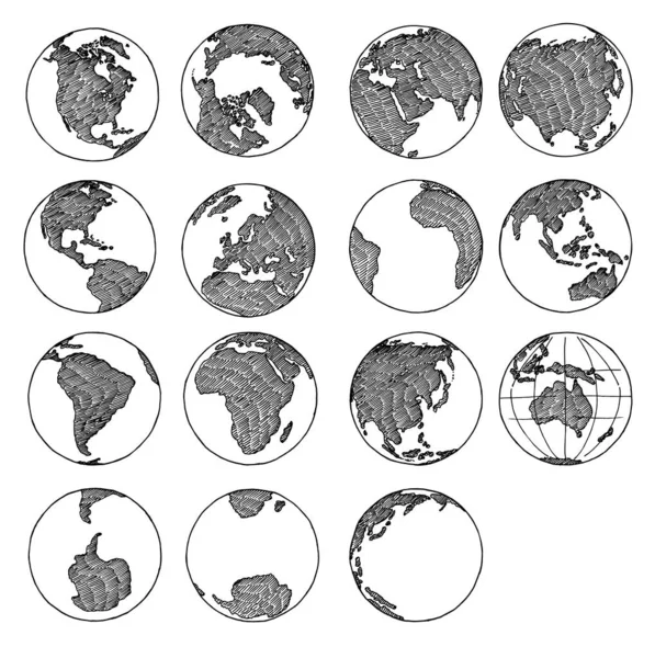 Zemská koule čmáranice. Skica glóbu. Planeta kreslené mapy Amerika, Indie, Afrika, Evropa, Asie kontinenty vektorové ručně kreslené ilustrace — Stockový vektor