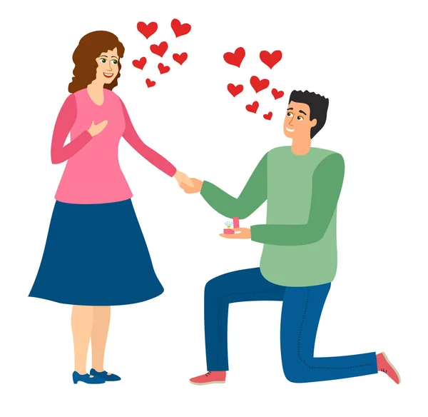 An offer of marriage. Man proposes a woman to marry him and gives an engagement ring. Couple in love. Vector illustration in cartoon style — Stock Vector