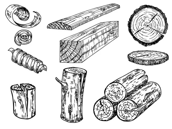 Holzstämme für die Forst- und Holzindustrie. Illustration von Stämmen, Baumstumpf, Spänen und Brettern. Skizze — Stockvektor