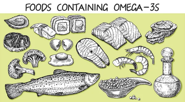 Omega-3 içeren yiyecekler. Sağlıklı bir yaşam tarzı. Dengeli diyet. Sağlıklı kalp ve kardiyovasküler sistem. Sağlıklı beslenmenin temelleri. Hafif bir arka planda yemek. Balık, havyar, brokoli, tereyağı, fındık. — Stok Vektör