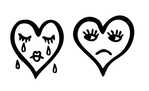Ilustración vectorial del corazón del personaje del boceto. Emoticono del corazón triste y llorón. Dos corazones . — Archivo Imágenes Vectoriales