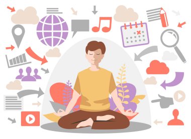 Kişisel alan kavramı. İçine kapanık adam. Meditasyon, düz erkek karakter, vektör çizimi. Bilgi aşırı yükleme kavramı. Kubbe filtresi adamı gereksiz bilgilerden korur..