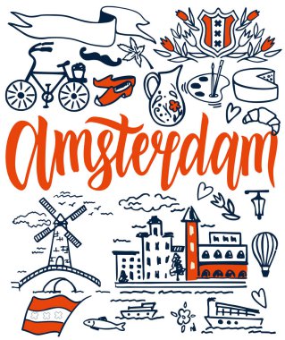 Amsterdam vektör elemanları ayarlandı. Tarihi Mimariyle Seyahat ve Turizm Konsepti. Hollanda 'nın başkentinin manzarası. Seyahat posteri, kartpostal ve reklam tasarımı.