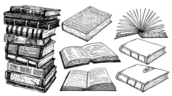 Books vector collection sketch. Pile of books. Hand drawn illustration in sketch style. Library, Books shop. Various books in vintage style. Hand-drawn vector design elements.