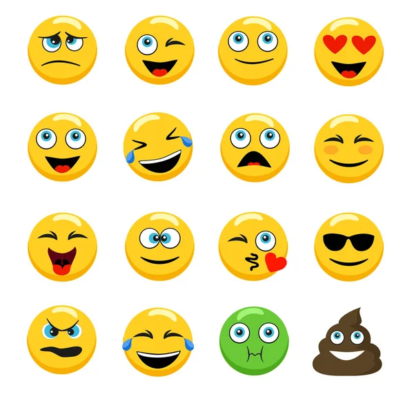 Smileys 'in yüz ifadeleri vektör seti. Emoji gülen surat vektör tasarımı moda iletişim sohbet unsurları. Emoji gülen surat vektör tasarımı sanat trendli iletişim sohbet ögeleri. — Stok Vektör