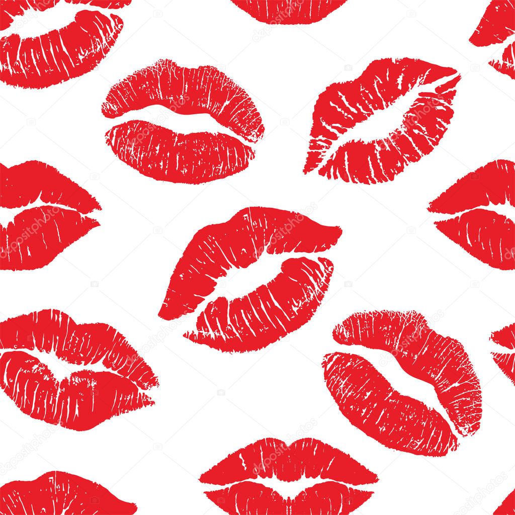 Lipstick kiss print isolated seamless pattern. Red vector lips set. Different shapes of female sexy red lips. Sexy lips makeup, kiss mouth. Female mouth.