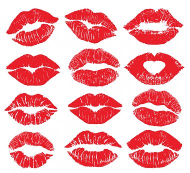 Ruj izi izole edilmiş vektör kümesi. Kırmızı vektör dudaklar ayarlandı. Farklı şekillerde seksi kırmızı dudaklar. Seksi dudak makyajı, öpücük dudağı. Dişi ağız. Öpücük vektör arkaplanının dudak çıktısı.